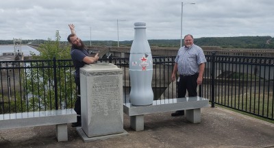 Vinita heroes overlooking the Grand River Project - Pensacola Dam with the Recognition Roadtrip Bottle on Oct. 14, 2021.