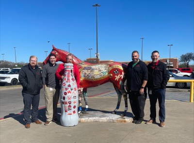 Wichita Falls heroes and the Recognition Roadtrip Bottle with the Spirit painted horse outside the United Market Street on March 28, 2022.