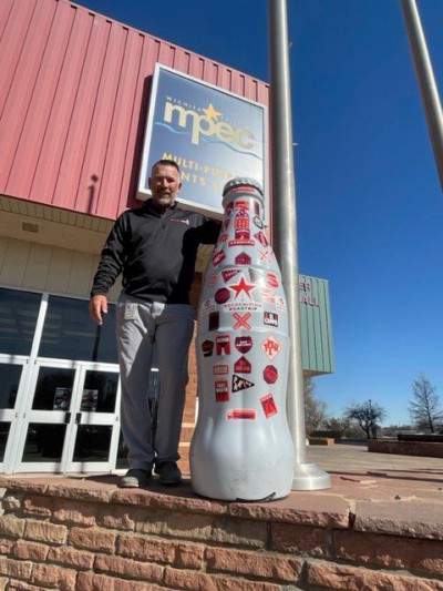 Wichita Falls hero Jerry Cantwell, Sales Execution Manager, with the Recognition Roadtrip Bottle at the Multi-Purpose Event Center (MPEC) on March 28, 2022. The event center – which CCSWB sponsors – hosts dozens of events each year, ranging from concerts for local artists such as the Josh Abbott Band, to the city’s annual Pancake Festival.